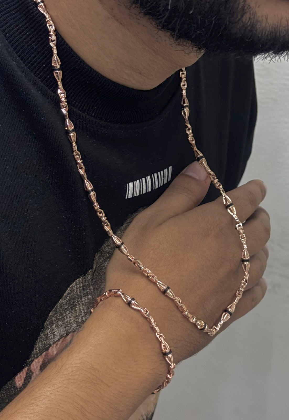 Combo cadena y pulsera tejido dubai en oro laminado rosado