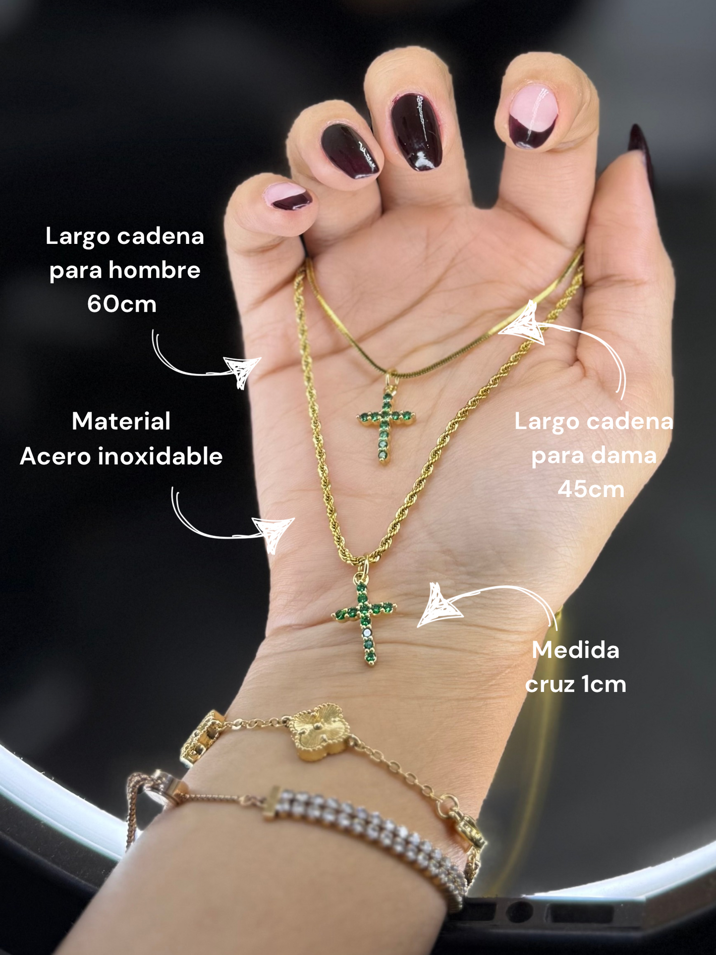 Cadenas y dije de cruz con circón verde (pareja)