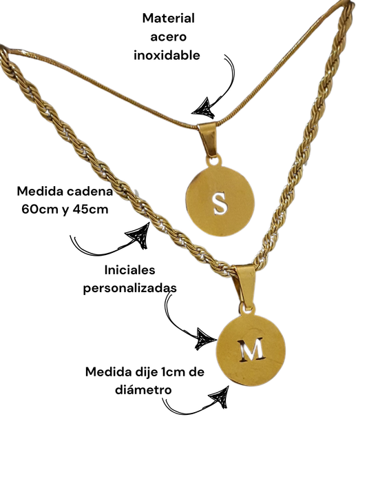 Cadenas con iniciales para pareja en dije redondo 1 cm