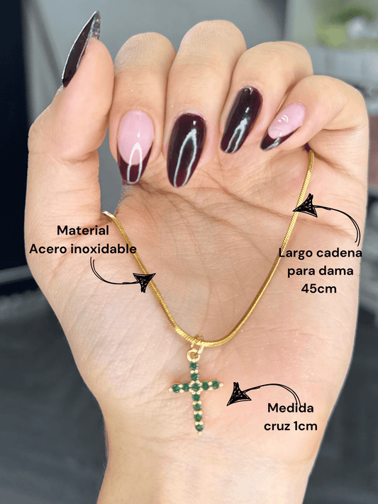 Cadena cruz circón verde en acero para dama - Extravaganza accesorios