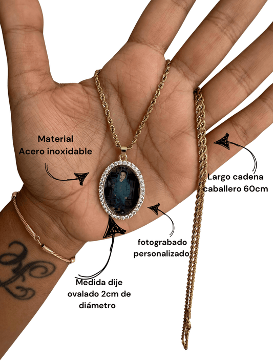 Cadena tejido lazo y dije ovalado personalizado con foto en acero inoxidable - Extravaganza accesorios