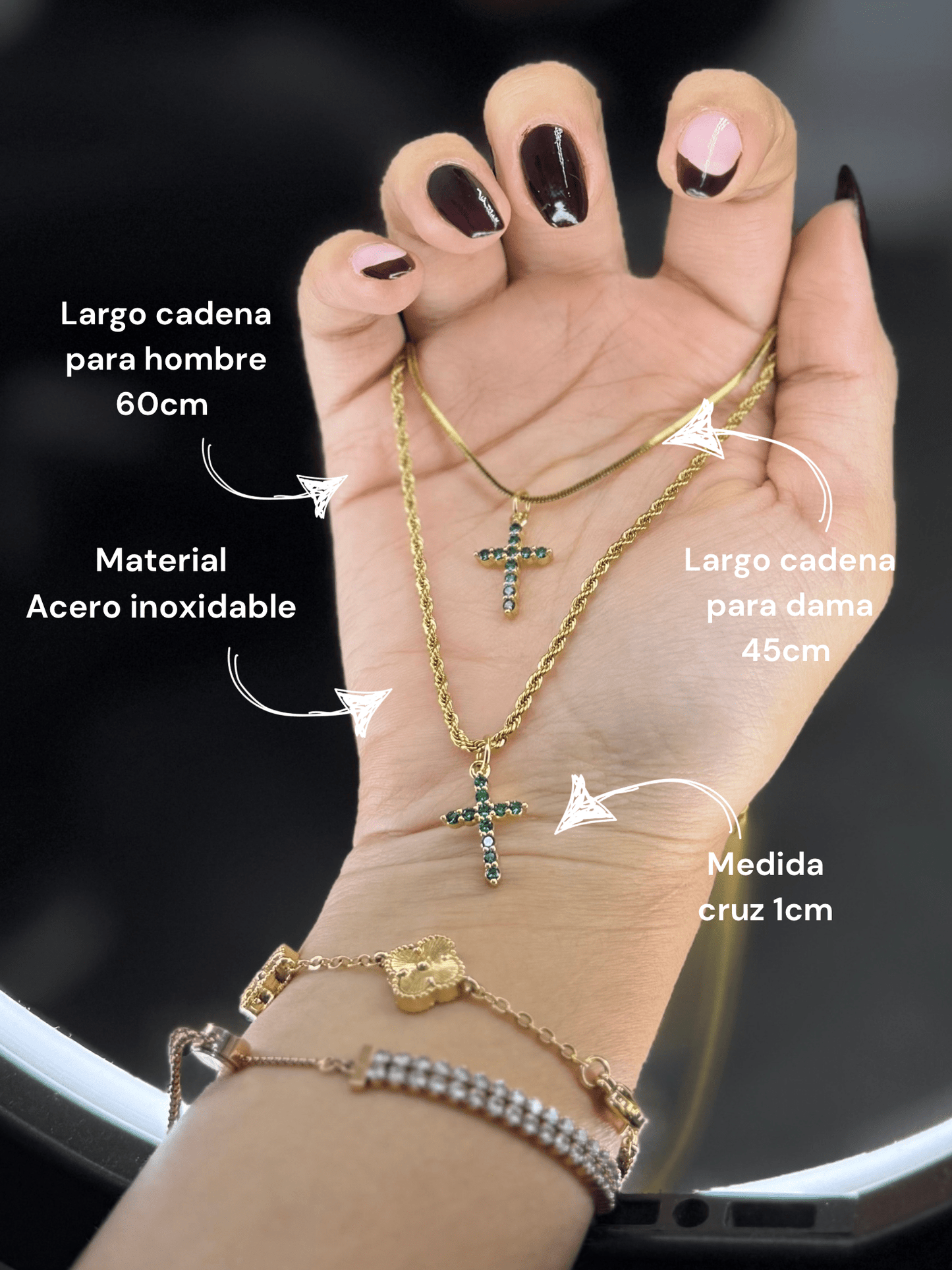 Cadenas y dije de cruz con circón verde (pareja) - Extravaganza accesorios