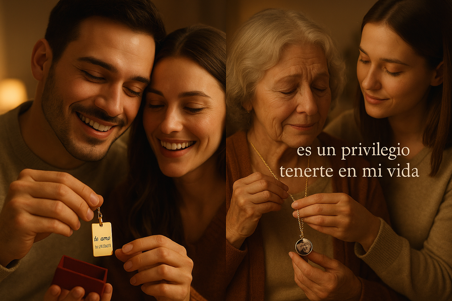 deseo una imagen en el cual se vea una pareja feliz y con gran amor en sus ojos en el cual esten recibiendo una joya personalizada con un mensaje que diga te amo 12/02/2024 y tambien quiero una joven entreegando una cadena personalziada con una foto a su abuela en el cual se vea una gran nostalgia y en una sola linea la frase es un privilegio tenerte en mi vida
