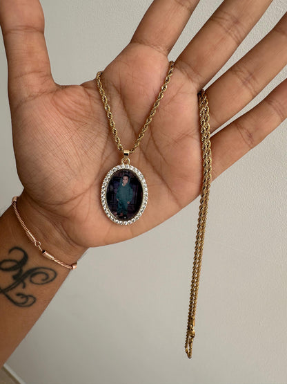 Cadena tejido lazo y dije ovalado personalizado con foto en acero inoxidable