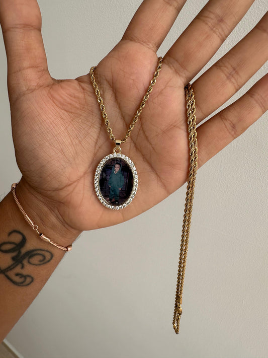 Cadena tejido lazo y dije ovalado personalizado con foto en acero inoxidable
