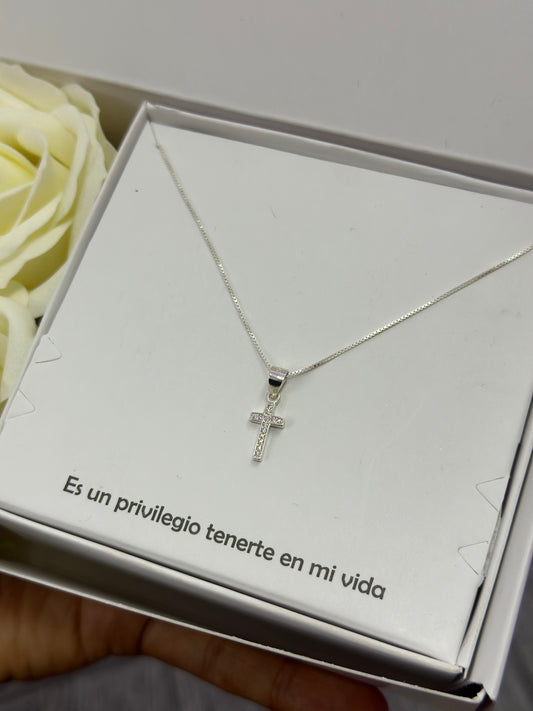 Combo rosas eternas y cadena en plata con cruz
