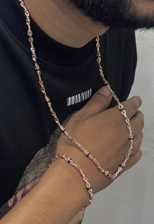 Combo cadena y pulsera tejido dubai en oro laminado rosado