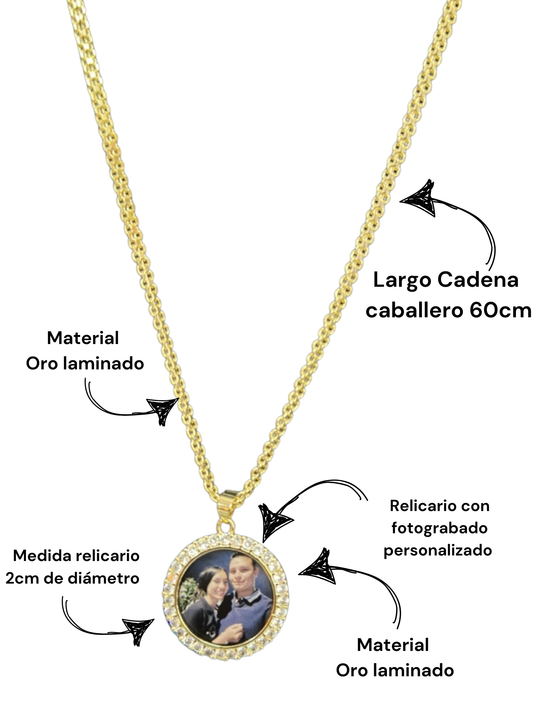 Cadena y dije circular en oro laminado personalizado con foto