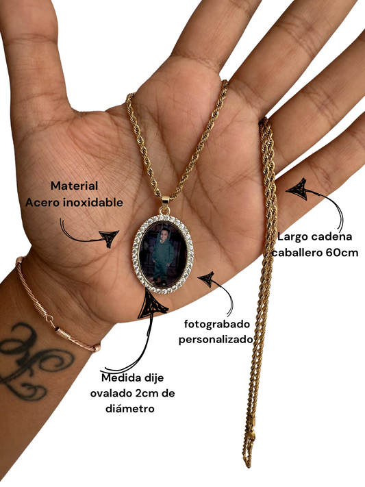 Cadena tejido lazo y dije ovalado personalizado con foto en acero inoxidable