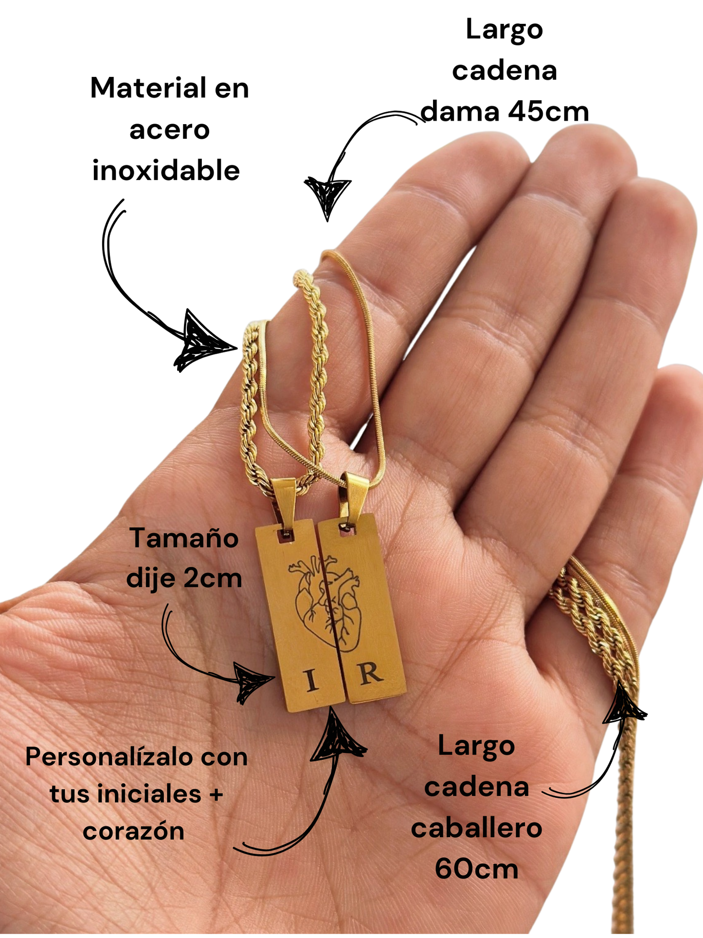 Cadenas personalizadas con dije largo corazón dorado