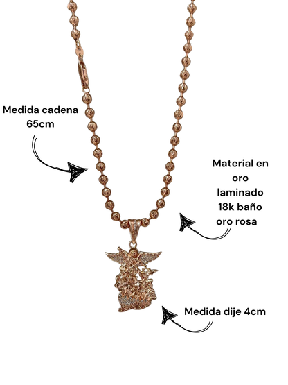 Cadena militar diamantado con baño en oro rosa y dije san Miguel arcángel
