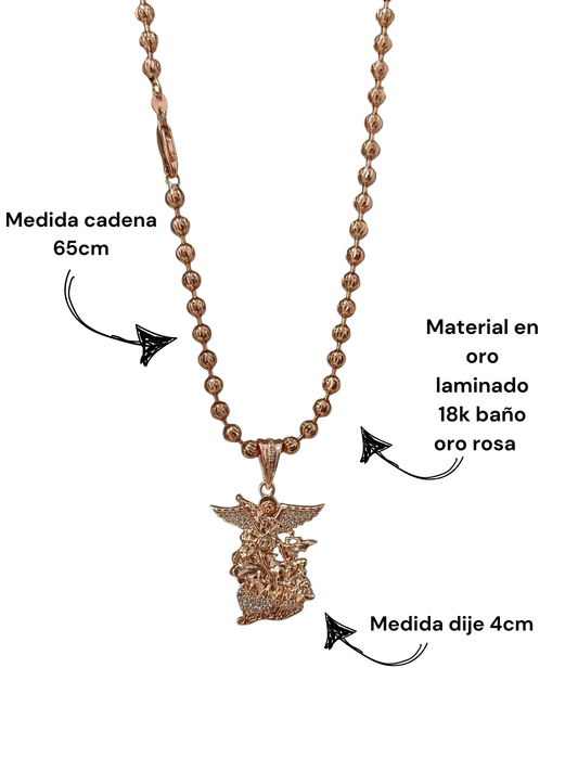 Cadena militar diamantado con baño en oro rosa y dije san Miguel arcángel