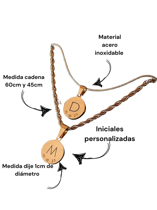 Cadenas para pareja con inicial y fecha (dorado).