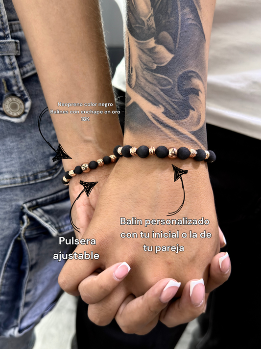 Pulseras en neopreno con balines diamantados color oro rosa