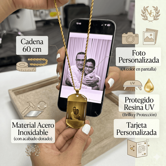 Cadena y placa militar dorada personalizada con fotograbado - Extravaganza accesorios