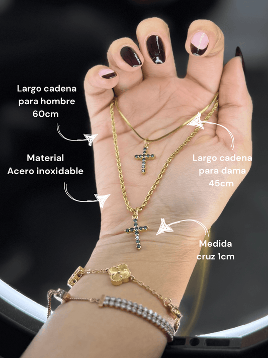 Cadenas y dije de cruz con circón verde (pareja) - Extravaganza accesorios