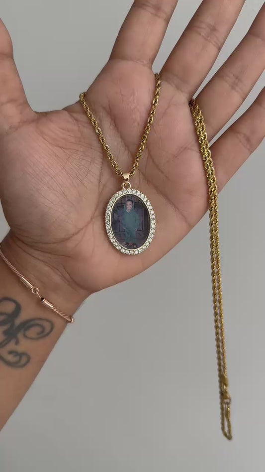 Cadena tejido lazo y dije ovalado personalizado con foto en acero inoxidable