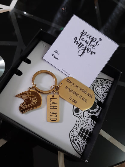 Llavero plateado de carro o moto 3 dijes